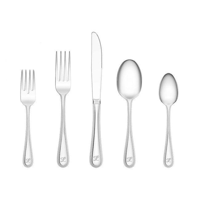 RiverRidge Monogrammed Beaded Flatware Set - L - 46-Piece Silverware with Custom Letter Stamp, 18/0 Stainless Steel Utensils Set for Daily Use & Special Occasions - Dishwasher Safe, Versatile Design