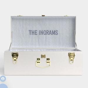 Petite Trunk - White. Fabric: Picnic in Blue, Embroidery "The Ingrams" in light grey blue thread the waterford font