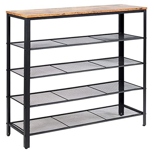 Giantex 5-Tier Shoe Rack, Industrial Shoe Storage Organizer w/ 4 Metal Mesh Shelves for 16-20 Pairs, Multi-Functional Shoe Tower w/Sturdy Frame for Entryway, Bedroom, Living Room (Rustic brown)