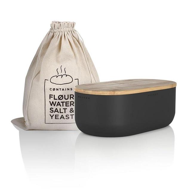 LARS NYSØM Bread Box I Metal bread box with linen bread bag for long lasting freshness I Bread box with bamboo lid usable as cutting board I 14.2x7.5x5.1 In (Onyx Black)