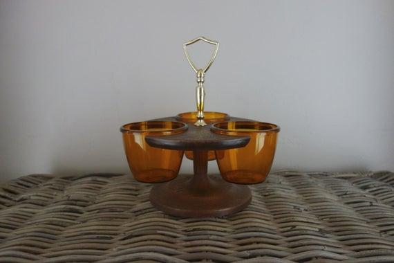 Vintage Snack Set, West Bend Thermo-Serv Faux Wood Rotating Lazy Susan-Type Stand w/Gold Tone Handle, 3 Removable Orange Gold Plastic Cups