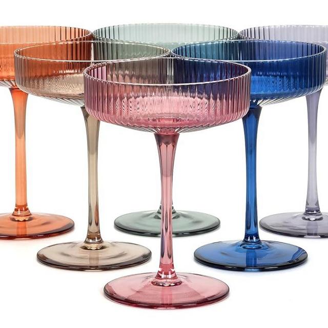Chouggo Vintage Art Deco Colored Coupe Glasses Set of 6 with Gift Box, Ribbed Crystal Handmade Martini & Cocktail Glasses, Perfect for Manhattan, Martini, Cosmopolitan, Gimlet, Pisco Sour - 7Oz