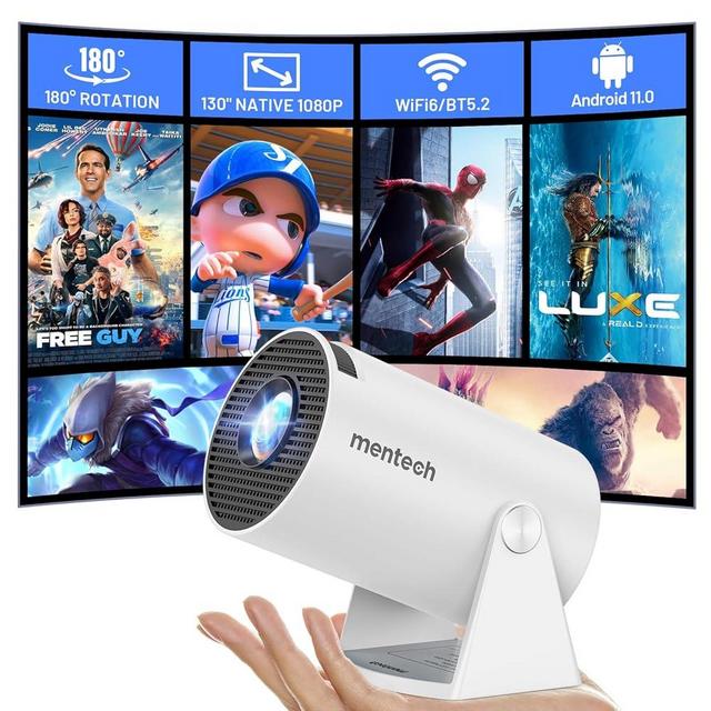 Mini Projector with WiFi and Bluetooth, 180° Rotatable Portable Projector, 130" Smart Projector with Android TV 11.0, 1080P Support 4K Decoding, 2.4G/5G WiFi6, Auto Keyston for Home Theater, White