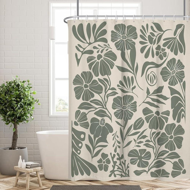 RTFEVG Boho Shower Curtain Green Floral Cute Vintage Modern Fun Abstract Retro Flower Art Aesthetic Bohemian Funky Botanical Plant Trendy Fabric Cloth Bathroom Decor Set 60x72 inch Polyester 12 Hooks