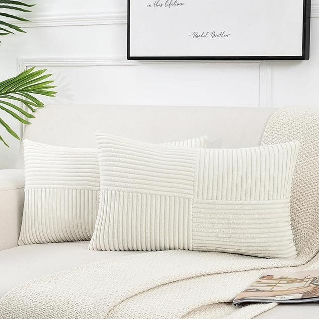 Fancy Homi 2 Packs Cream White Lumbar Decorative Throw Pillow Covers 12x20 Inch for Couch Bed Sofa, Rustic Farmhouse Boho Home Decor, Soft Striped Corduroy Rectangle Accent Cushion Case 30x50 cm