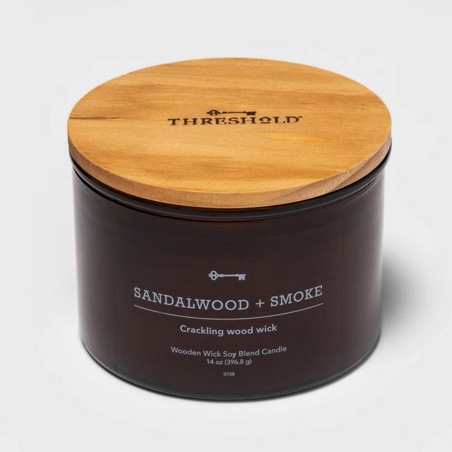 14oz Lidded Amber Glass Jar Crackling Wooden 3-Wick Sandalwood and Smoke Candle - Threshold™