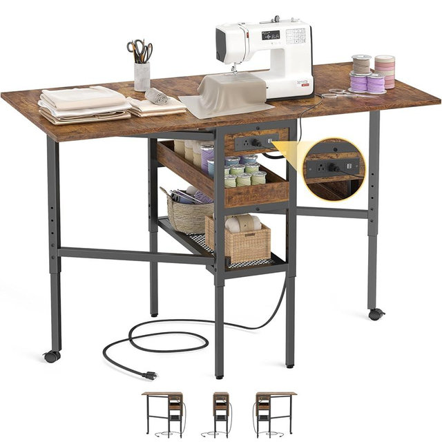 Besiost Folding Sewing Cutting Table with Charging Station, Height Adjustable Craft Table with Storage, 50" Foldable Fabric Cutting Tables for Sewing Room Craft Room, Rustic