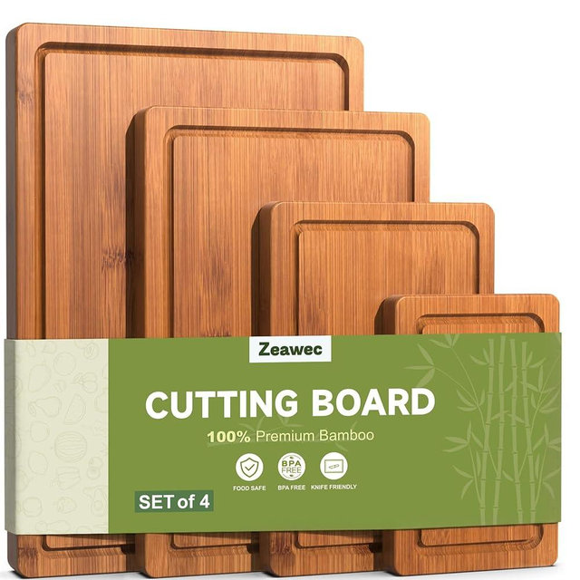 Zeawec 4-Piece Set Bamboo Cutting Board for Kitchen - Crack-Resistant Wood Chopping Boards with Deep Juice Grooves, Pre-Oiled Butcher Block for Meat, Vegetables & Cheese, Carbonized