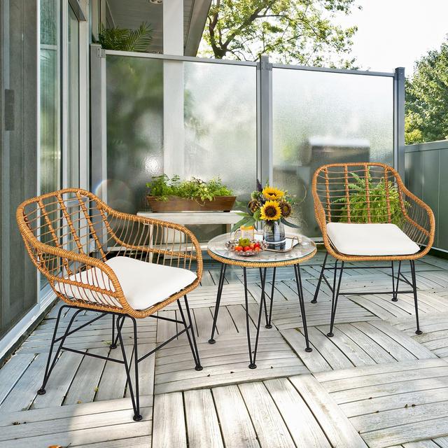 Costway 3PCS Patio Rattan Bistro Furniture Set Cushioned Chair Table White