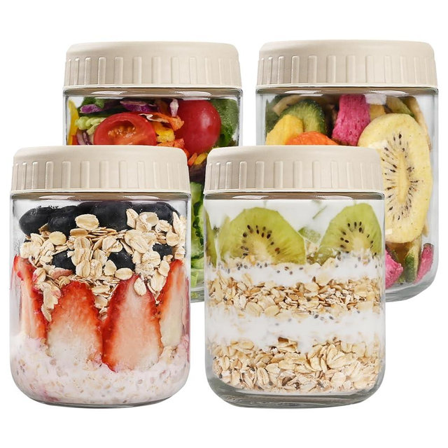Overnight Oats Containers with Lids, 16oz Glass Jars with Lids 4 pcs, Apricot, Wide Mouth Mason jars for Salad, Yogurt, Snacks, Meal Prep