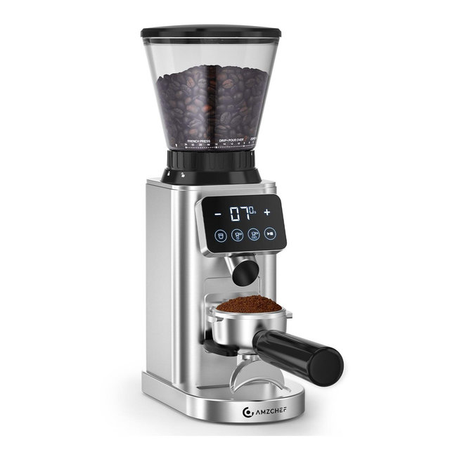 Coffee Grinder, 40mm Stainless Steel Conical Burr Grinder with 24 Grinding Settings, Grinding Time & 1-12 Cups Adjustable, Fit Espresso & Drip Coffee