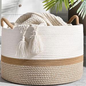 KAKAMAY Large Blanket Basket (20"x13"),Woven Baskets for storage Baby Laundry Hamper, Cotton Rope Blanket Basket for Living Room, Laundry, Nursery, Pillows, Baby Toy chest (White/Brown)