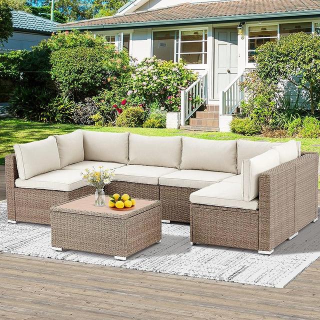 GYUTEI 7-Piece Rattan Sectional Sofa Set - Light Beige, All-Weather Wicker, Perfect for Porch, Garden, and Backyard