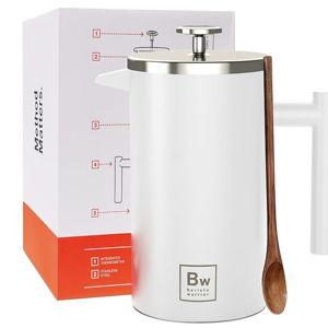 Barista Warrior French Press Coffee Maker - Double-Wall Stainless Steel Insulated French Press with Built-In Thermometer, Dual Filters Coffee Maker with Wooden Spoon - White