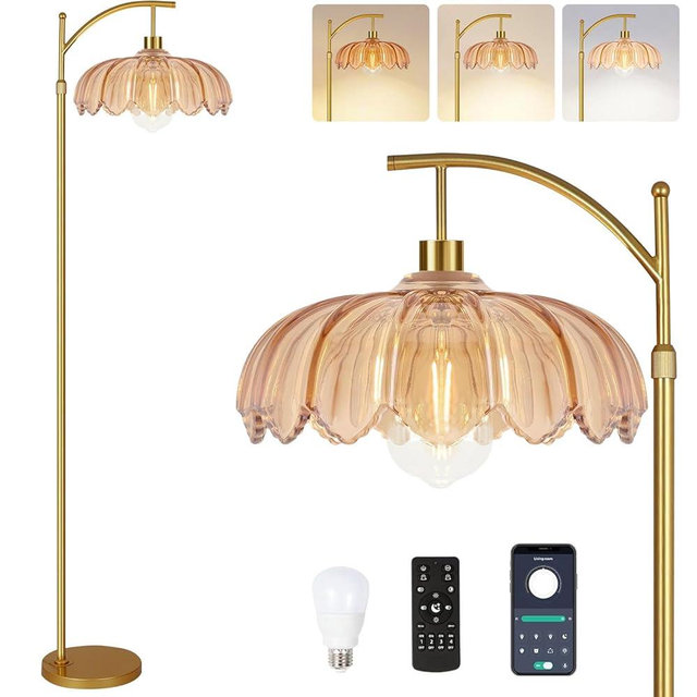 ILLMTW Gold Floor Lamp for Living Room,Bedroom,Mid Century Modern Standing Lamp with Remote,Dimmable Brass Tall Lamp Amber Glass Lamp Vintage Retro Arc Floor Lamps Flower Floor Light Boho Bohemian