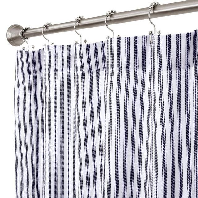 Cackleberry Home Navy Blue and White Ticking Stripe Woven Cotton Shower Curtain Extra Long 72 Inches W x 84 Inches L