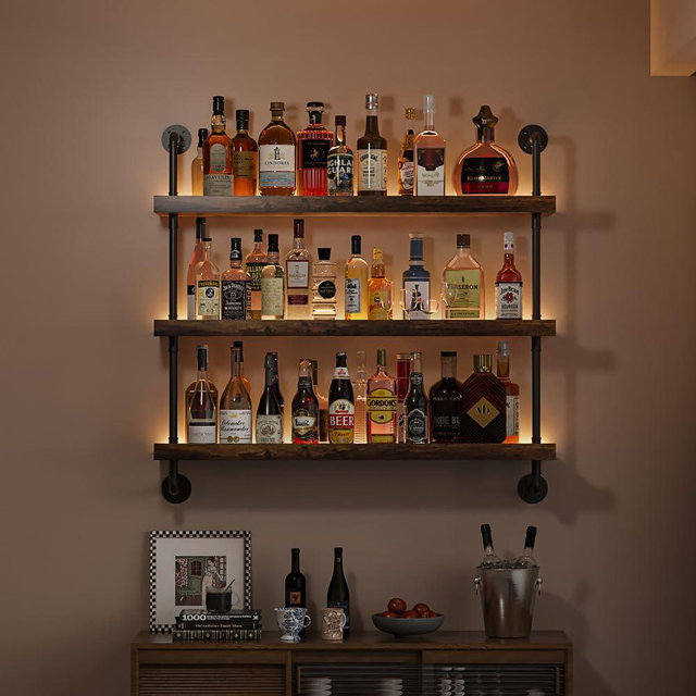 Woskar 3-Tier Wall Mounted Wine Rack with LED,Liquor Bottles Floating Shelves Display Storage Organizer for Home Bar Dining Room Kitchen (23.6" W x 47.2" H)