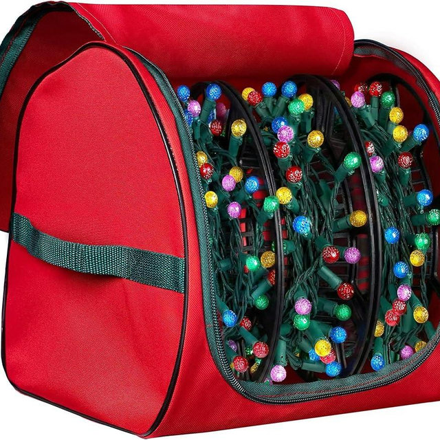 ZOBER Christmas Light Storage Reels - Christmas Light Organizer with 3 Plastic Wheels - 600D Oxford Fabric - Fits 200 Mini Lights per Spool, Lights Storage - Stitched Reinforced Handles - Red