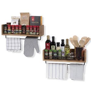 Set of 2 Rustic Kitchen Wood Wall Shelf with Metal Rail Also Multi Use Can Be Used As a Spice Rack Living Room or Bedroom Wall Shelf , Walnut Stained