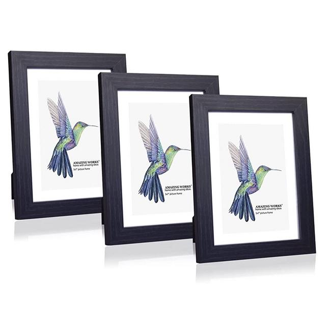 5x7 Picture Frame Black - Farmhouse Wood Pattern Set of 3 with HD Shatter-Resistant Glass Cover, Display Pictures 4x6 with Mat or 5x7 Without Mat,Horizontal and Vertical Formats for Wall or Tabletop