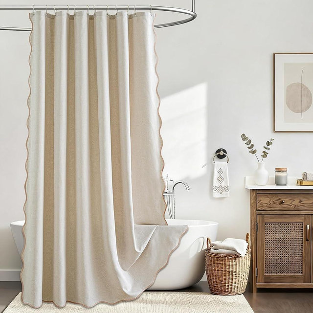 Aesthaboho Beige Scalloped Shower Curtain Linen Textured Boho Farmhouse with 12 Metal Hooks Cute Heavy Duty Washable Waterproof Neutral Thick Cloth Shower Curtains for Bathroom Hotel Bathtub, W72xL72