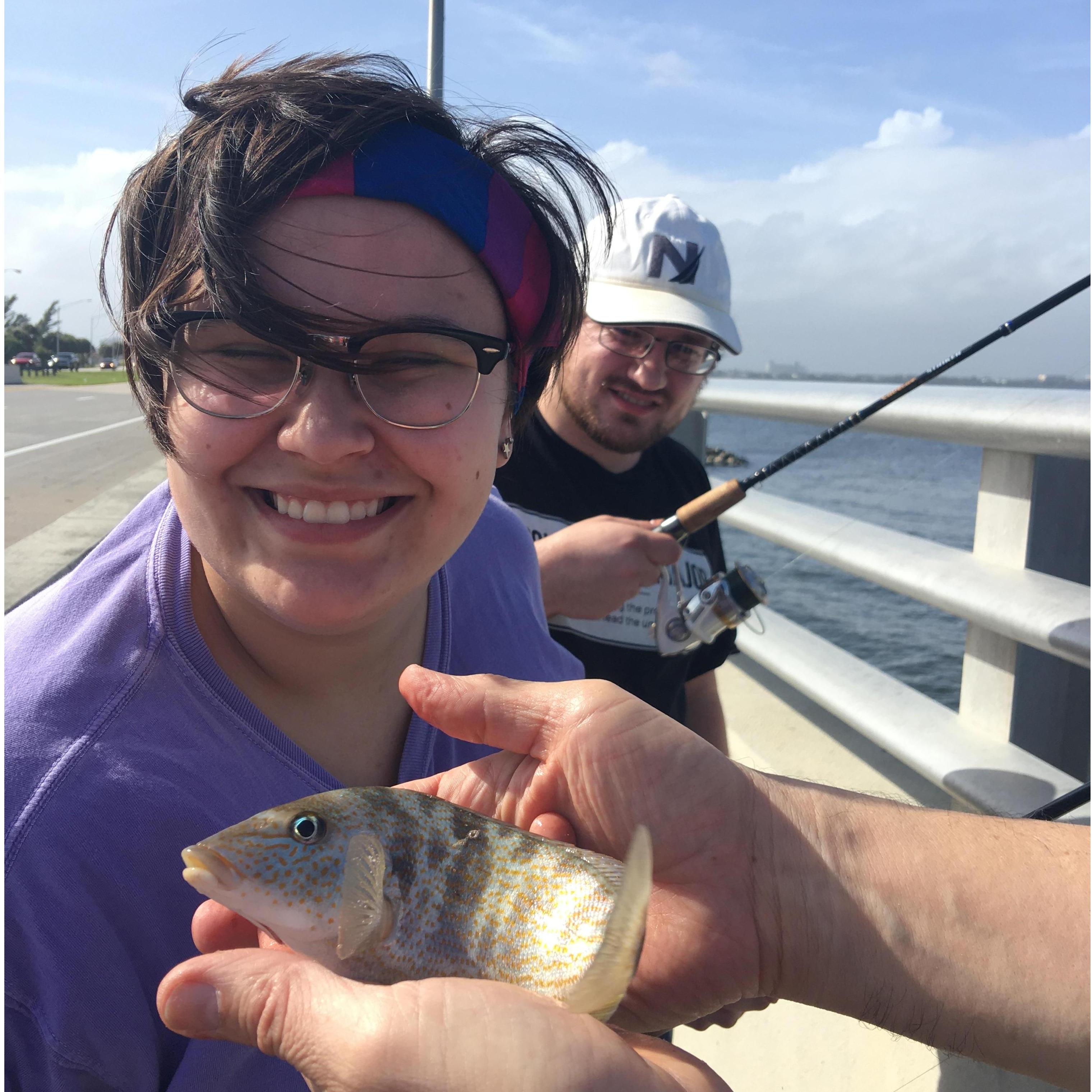 Us fishing off of a bridge near Alex's parent's house