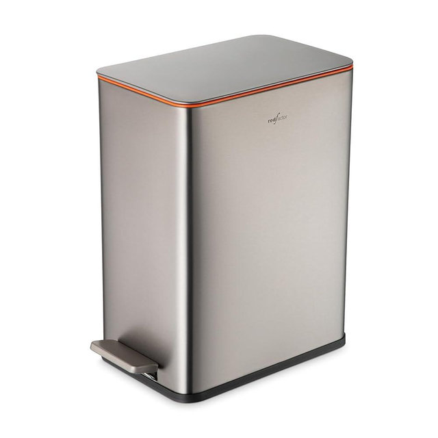 RED FACTOR Slim 2.6 Gallon Stainless Steel Pedal Trash Can with Soft Close Lid for Narrow Spaces – Wastebasket Bin with Removable Inner Bucket for Bathroom, Kitchen, Bedroom or Office (Metallic Gray)