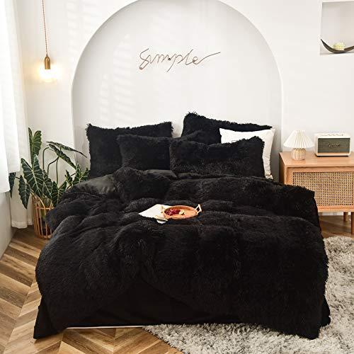 MorroMorn 5 PCS Shaggy Duvet Cover Bedding Set - Long Faux Fur Luxury Ultra Soft Cozy (King/California King, Black)