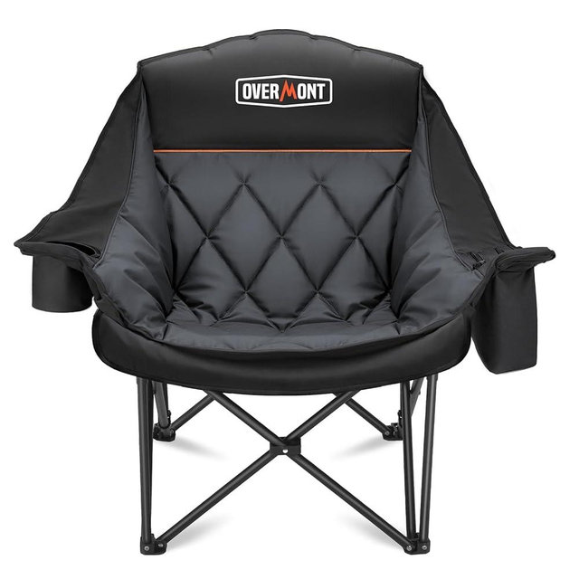 Overmont Oversized XL Camping Chair for Adults - 450lbs Support Heavy-Duty Padded Folding Chair with Side Pocket Cup Holder for Outdoor Sports Garden Beach Fishing Lawn Black