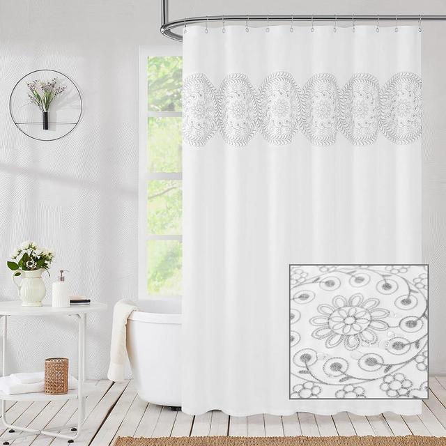 Jubilantex Grey and White Embroidered Shower Curtain Fabric for Bathroom, Farmhouse Boho Floral Rustic Chic Decorative Waterproof Bath Room Shower Curtain for Spa Hotel, 70x72 Inches, Gray