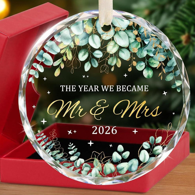 Wedding Gifts for Couples 2026, Premium Crystal Glass First Christmas Married Ornament, Mr and Mrs Gifts for Newlyweds, Just Married Bridal Shower Decor, Unique Keepsake Present for Bride & Groom