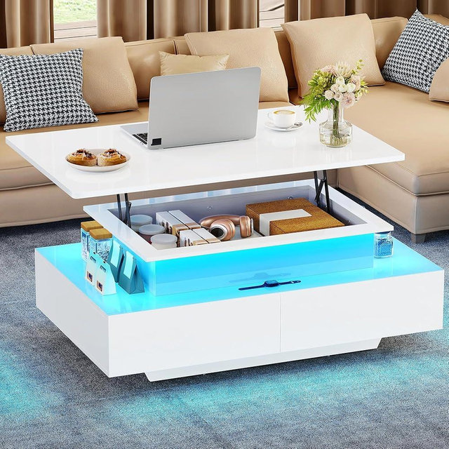 YITAHOME LED Lift Top Coffee Tables for Living Room, High Glossy Coffee Table with Storages 4 Spacious Drawers, Modern Rectangle Coffee Tables Small Center Table for Home Office, Glossy White