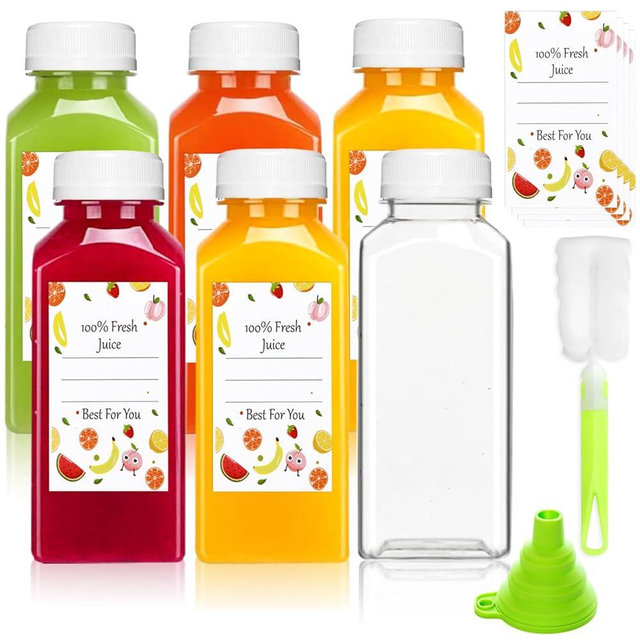 Plastic Juice Bottles with Caps 6 pcs, 12oz Reusable Juice Containers with Tamper Proof Lids White, Clear Juice Bottles for Juicing, Milk, Smoothie, Drinking, and Other Beverages Christmas Gifts