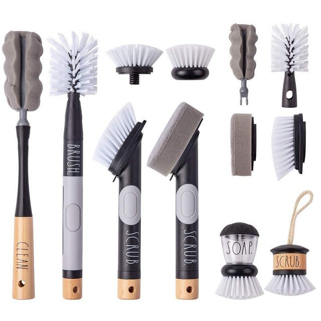 Rae Dunn Collection Kitchen Dish Brush Set, Scrub Brush for Dishes, Scrub Brush with Soap Dispenser, Palm Brush, Bottle Brush- by Cook with Color (Black)