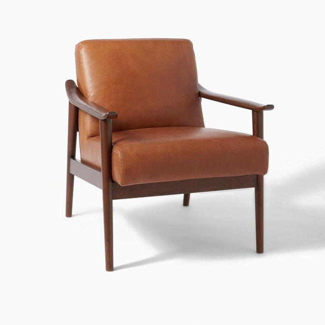 Midcentury Show Wood Leather Chair, Saddle/Espresso