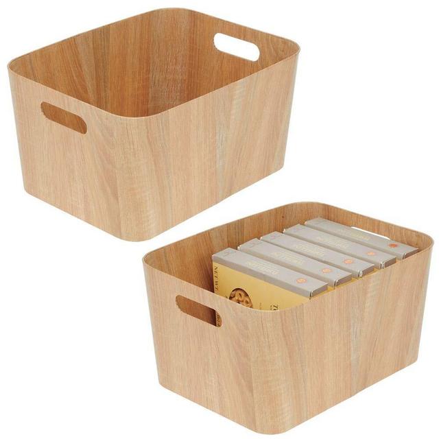 mDesign Food Storage Container Bin with Handles - for Kitchen, Pantry, Cabinet, Fridge/Freezer - Narrow for Snacks, Produce, Vegetables, Pasta - Food Safe - 2 Pack - 16" Long - Natural Wood Print