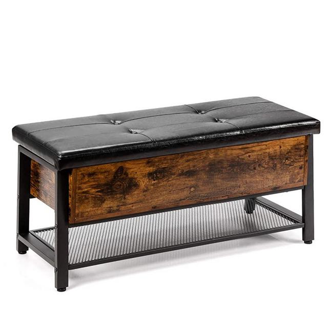 Giantex Industrial Storage Bench, Entryway Shoe Bench for Bedroom, Living Room, Hallway, Padded Stool for Bed End, Adjustable Feet, Wood Storage Cabinet with 2 Compartments, Metal Rack