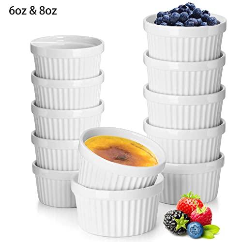 12 Pack Porcelain Souffle Dish Ramekins for Baking – 6 Ounce x 6, 8 Ounnce x 6 - White Ramekins Bakeware Set Baking Cups for Creme Brulee Desserts Puddings Custard Ice Cream Lava Cake Snacks
