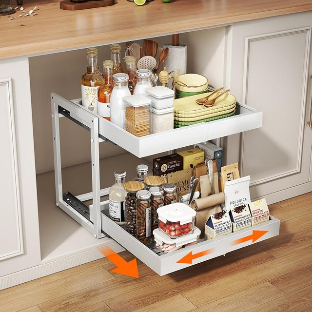 Golener Pull Out Cabinet Organizer - 2-Tier Slide Out Expandable Drawers for Kitchen Cabinets, Bathroom Organizers and Storage, Under Sink Organizer for Kitchen Storage Organization, White Metal Frame