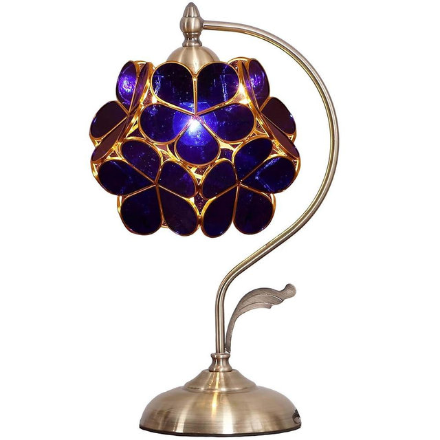 Bieye L10750 Tiffany Style Stained Glass Flower Petal Table Lamp with Brass Base for Home Décor (Blue, 8" Cherry Blossom)