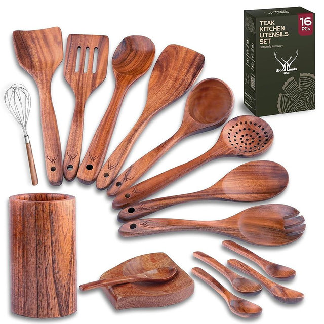 16 Pcs Teak Wooden Cooking Utensils Set – Premium Teak Wooden Utensil Set with Holder, Wooden Spoons for Cooking, Spatulas & Ladle – Durable Kitchen Utensils for Everyday Use - Cooking Utensils Set