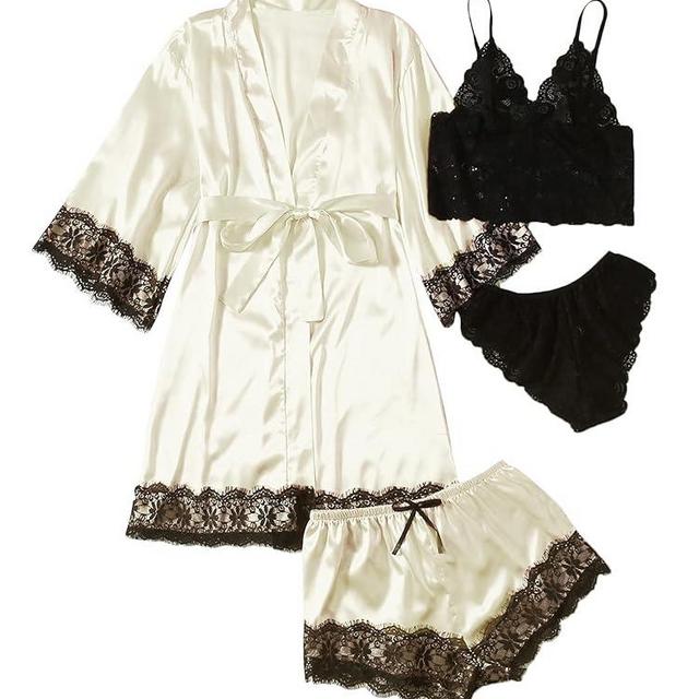 WDIRARA Women' Silk Satin Pajamas Set 4pcs Lingerie Floral Lace Cami Sleepwear with Robe