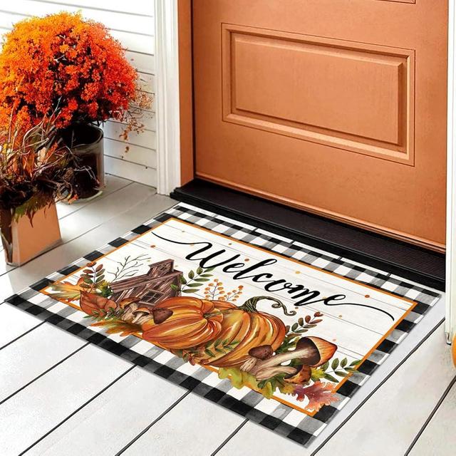 Fall Decorative Door Mat Pumpkin Mushroom Checkered Welcome Doormat for Indoor Outdoor, Autumn Floor Mat Entry Rug Non-Slip Washable for Porch Front Door Entrance 17x29 Inch