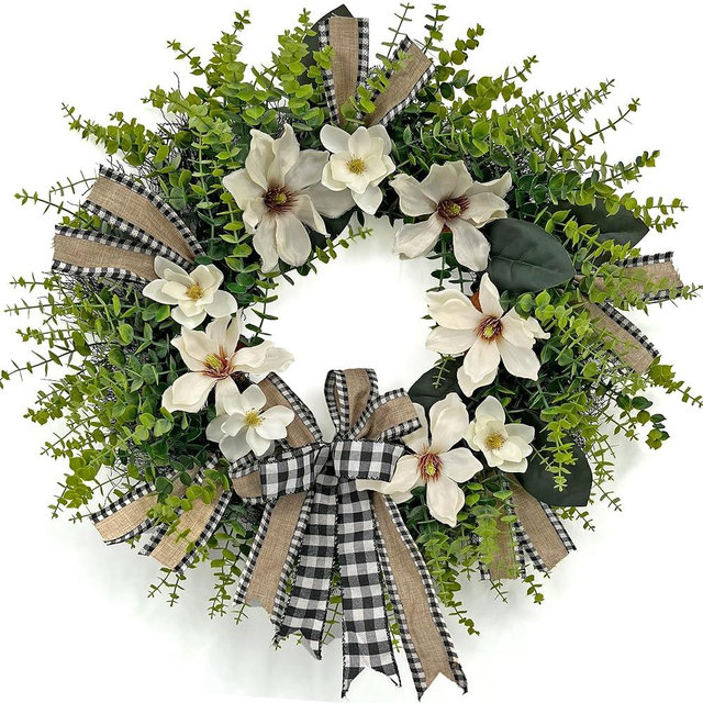 ARTINCRAFIO 24 Inch Artificial Magnolia Wreath for Front Door – Farmhouse Boxwood Greenery Wreath with Buffalo Plaid Bow, Year-Round Rustic Home Wall Decor for Porch, Entryway, Living Room