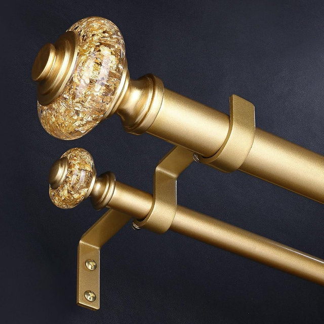 Wolistsa Gold Double Curtain Rods for Windows 72 to 144 Inch, 1 Inch Adjustable Decorative Crystal Long Dual Curtain Rod, Heavy Duty Vintage Double Drapery Pole with Gold Foil Finials for Living Room