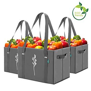 Green BD’s Reusable Grocery Bags. Large, Heavy Duty and Spillover Proof. Eco-Friendly Collapsible Shopping Box Bags with Fold Up Reinforced Bottom. (Gray Set of 3)