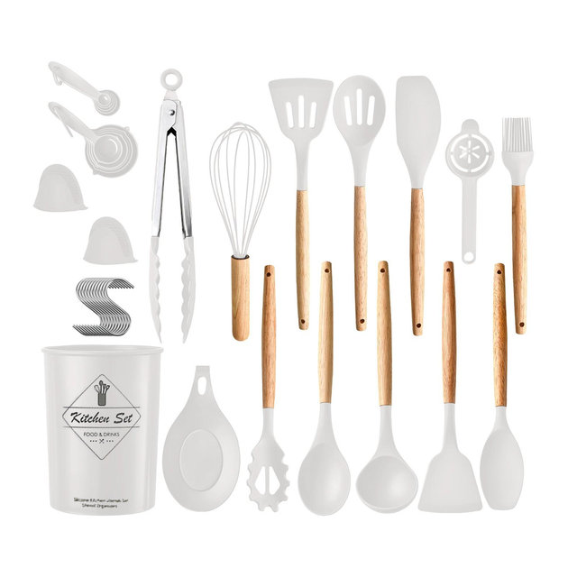 NewHome "35-Piece Kitchen Utensils Set with Holder – Complete Cooking & Baking Tools, Spatulas, Spoons, Tongs, Cups" White