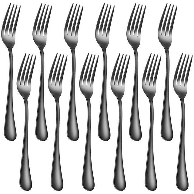 12 Piece Dinner Forks, 8 Inch, Top Food Grade Extra-Fine Stainless Steel Silverware Forks，Silverware Set, Dishwasher Safe （Black)