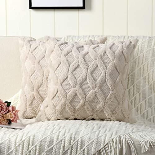 Madizz Pack of 2 Soft Plush Short Wool Velvet Decorative Throw Pillow Covers Luxury Style Cushion Case European Pillow Shell for Sofa Bedroom Square Beige 26x26 inch