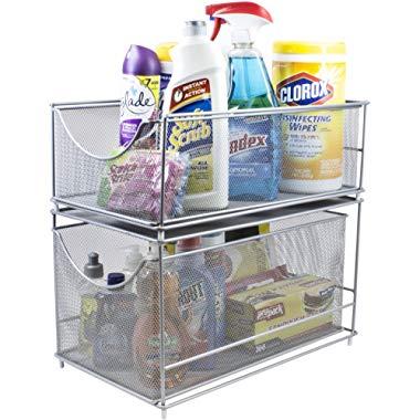Sorbus Cabinet Organizer Set —Mesh Storage Organizer with Pull Out Drawers—Ideal for Countertop, Cabinet, Pantry, Under the Sink, Desktop and More (Silver Two-Piece Set)